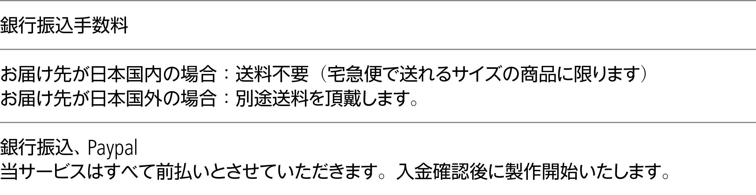 銀行振込手数料・送料／銀行振込、Paypal／当サービスはすべて前払いとさせていただきます。入金確認後に製作開始いたします。
